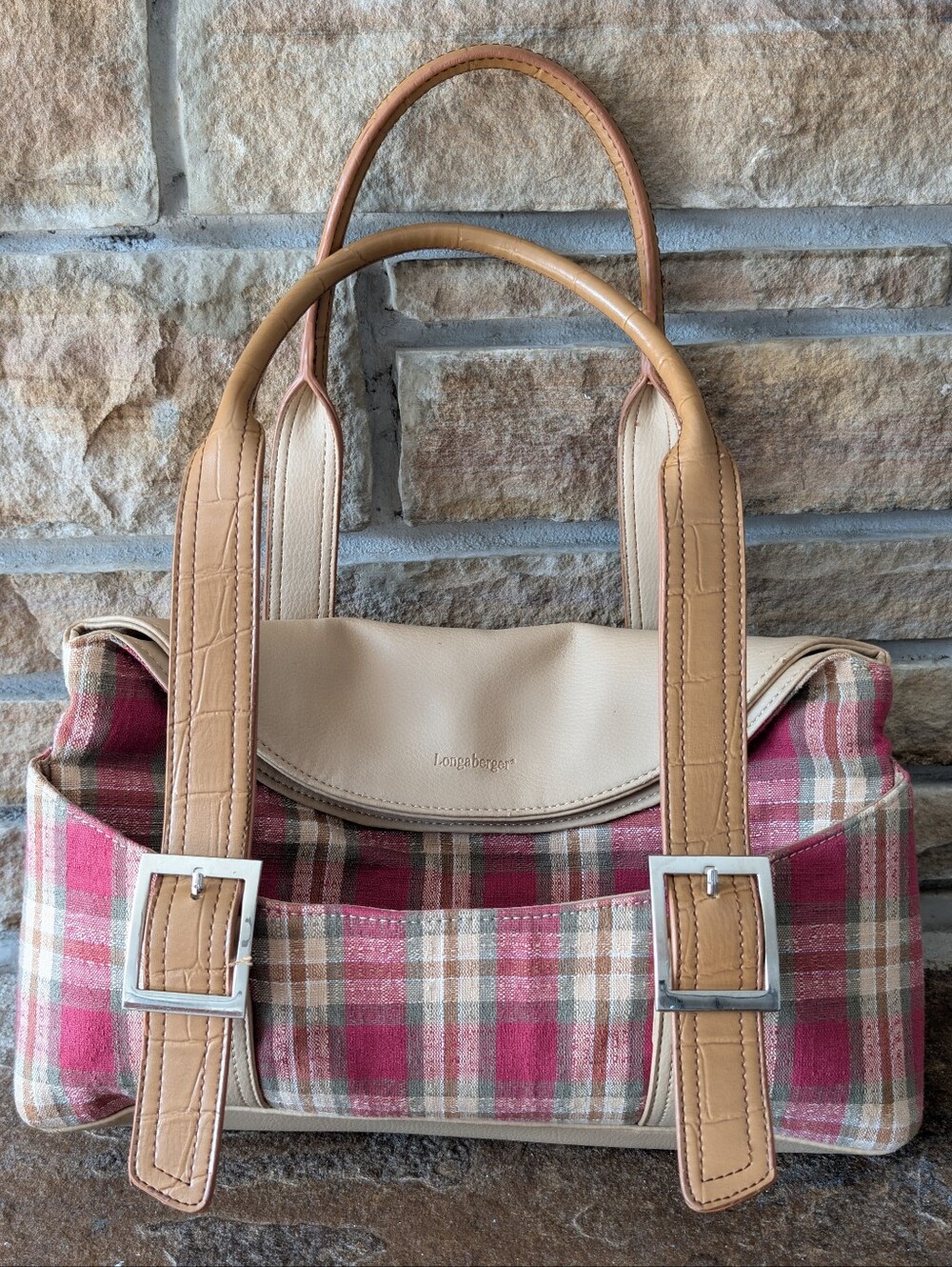 VTG Longaberger Plaid Shoulder Bag with Tan Leather Accents